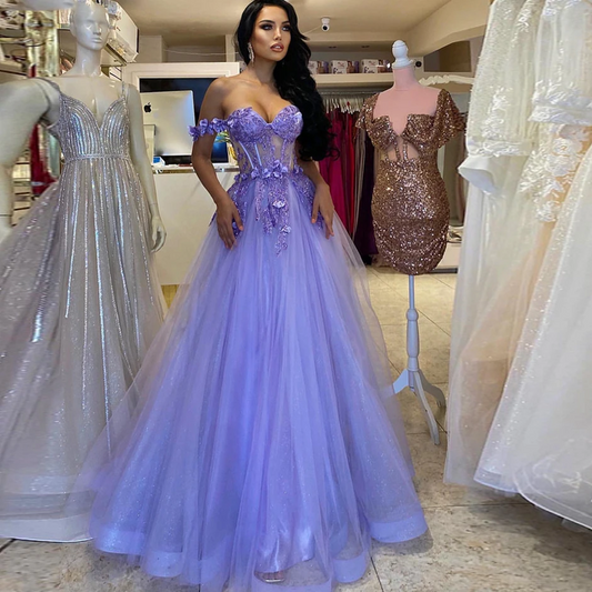Shiny Purple Tulle 3D Flower Prom Dresses A Line Off The Shoulder Lace Formal Party Evening Gowns Women Bridesmaid Dress