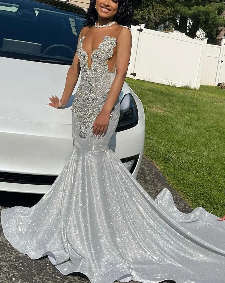 Long Silver Mermaid Prom Dresses 2024 Black Girls vestidos para eventos especiales evening dresses woman elegant