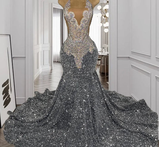 Luxury Silver Diamonds Long Prom Dress 2024 For Black Girls Halter Beads Crystals Rhinestones Birthday Party Wedding Reception