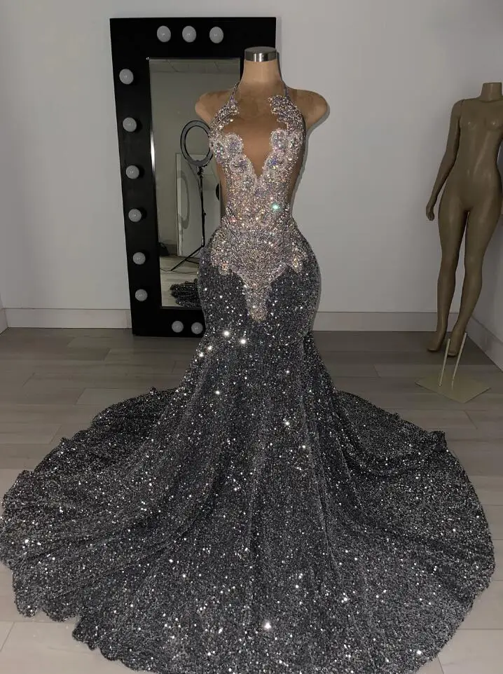 Silver Grey Diamond Mermaid Long Prom Dresses for Women Sparkly Crystal Velvet Evening Pageant Gown abendkleid blau 2024