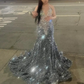 Silver Grey Diamond Mermaid Long Prom Dresses for Women Sparkly Crystal Velvet Evening Pageant Gown abendkleid blau 2024