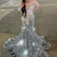 Silver Grey Diamond Mermaid Long Prom Dresses for Women Sparkly Crystal Velvet Evening Pageant Gown abendkleid blau 2024