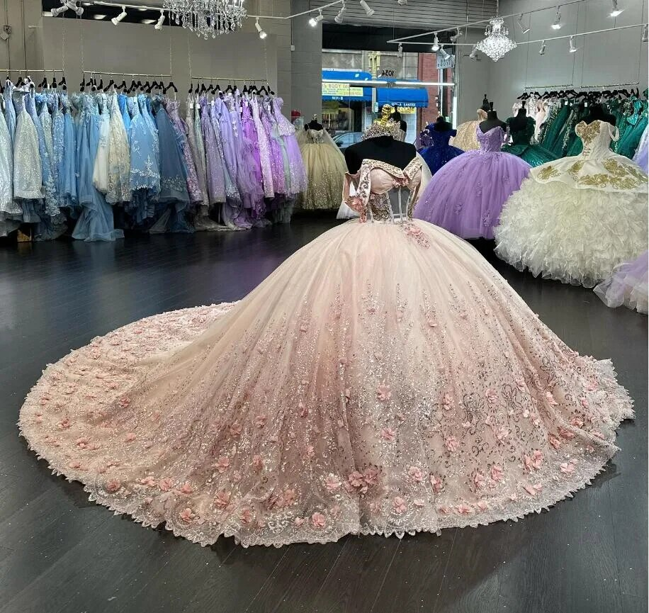 2024 Luxury Sparkly Fairytail Quinceanera Dresses Off Shoulder Gillter 3D Floral Boning vestido de 15 años Prom Lace Up