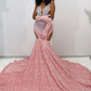 Long Sheer Mermaid Prom Dresses with Crystals for Black Girls vestidos de gala formal occasion dresses