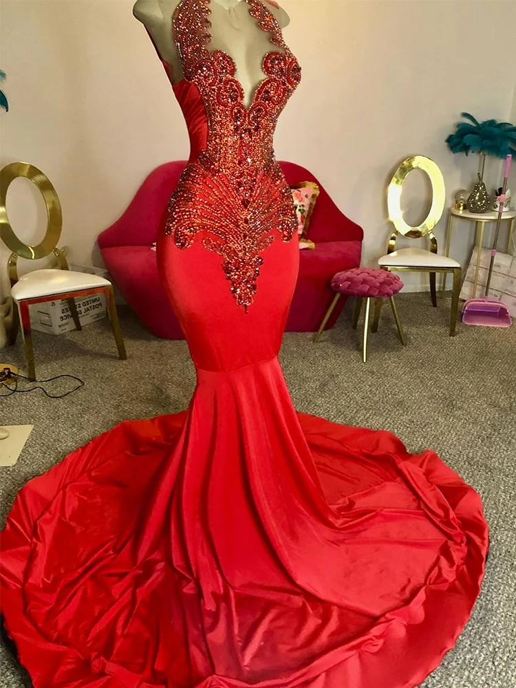 Long Red Mermaid Prom Dresses for Black Girls Halter Vestidos De Gala Mujer Party Formal Occasion Dresses