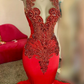 Long Red Mermaid Prom Dresses for Black Girls Halter Vestidos De Gala Mujer Party Formal Occasion Dresses