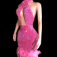 Shinning Sequins Feathers Pink Sexy Backless Halter Sheath Dress Evening Party Performance Costume Nightclub Singer Dancer Stage