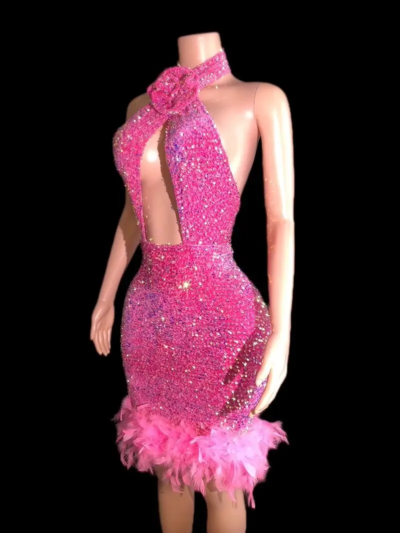 Shinning Sequins Feathers Pink Sexy Backless Halter Sheath Dress Evening Party Performance Costume Nightclub Singer Dancer Stage