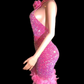 Shinning Sequins Feathers Pink Sexy Backless Halter Sheath Dress Evening Party Performance Costume Nightclub Singer Dancer Stage