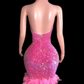 Shinning Sequins Feathers Pink Sexy Backless Halter Sheath Dress Evening Party Performance Costume Nightclub Singer Dancer Stage