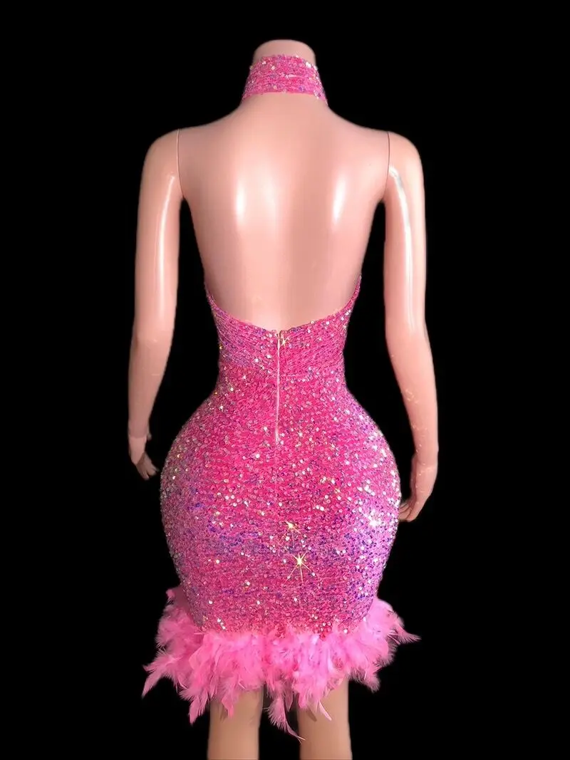 Shinning Sequins Feathers Pink Sexy Backless Halter Sheath Dress Evening Party Performance Costume Nightclub Singer Dancer Stage