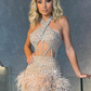 Luxury Party Dresses For Women Sexy Halter Glitter Sequins Patchwork Mesh Pretty Feather Mini Dress 2023 New Trendy