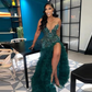 Hunter Green Slit Prom Dresses With Sheer Neck Major Beads Tiered Bottom Luxury Mermaid Evening Gowns Aso Ebi Party Dress