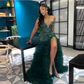 Hunter Green Slit Prom Dresses With Sheer Neck Major Beads Tiered Bottom Luxury Mermaid Evening Gowns Aso Ebi Party Dress