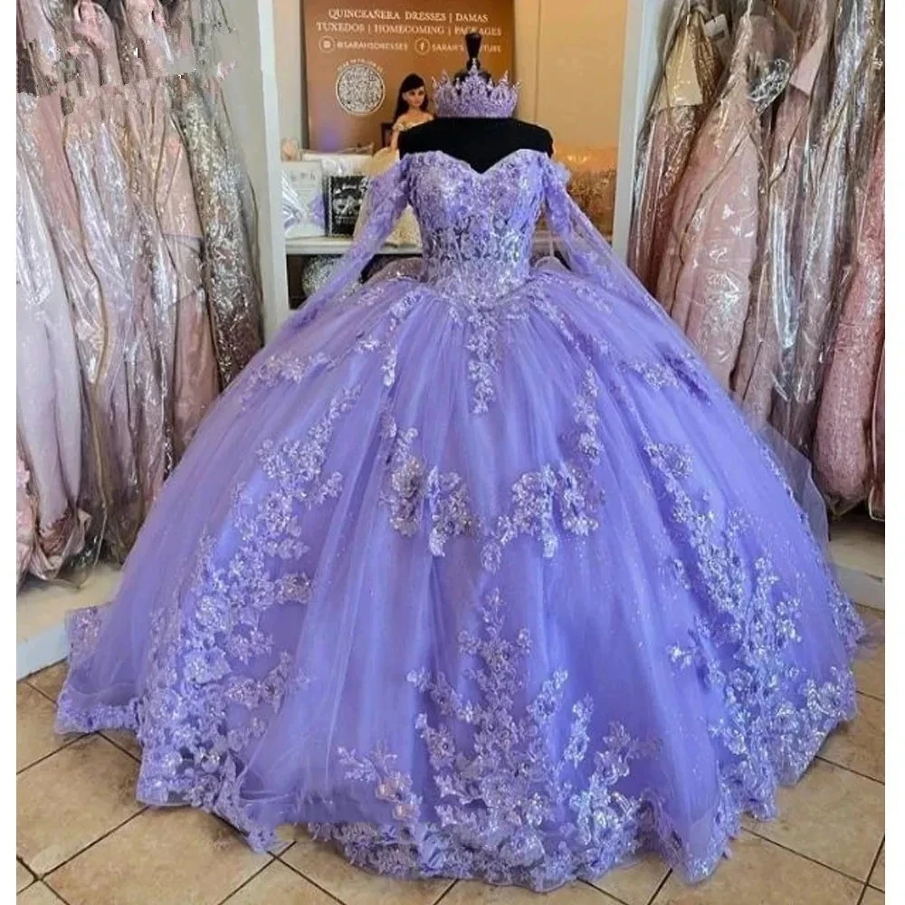 Glittering Lavender Quinceanera Dresses 3D Flower Birthday Party Prom Princess Ball Gown Vestidos De 15 Anos Corset