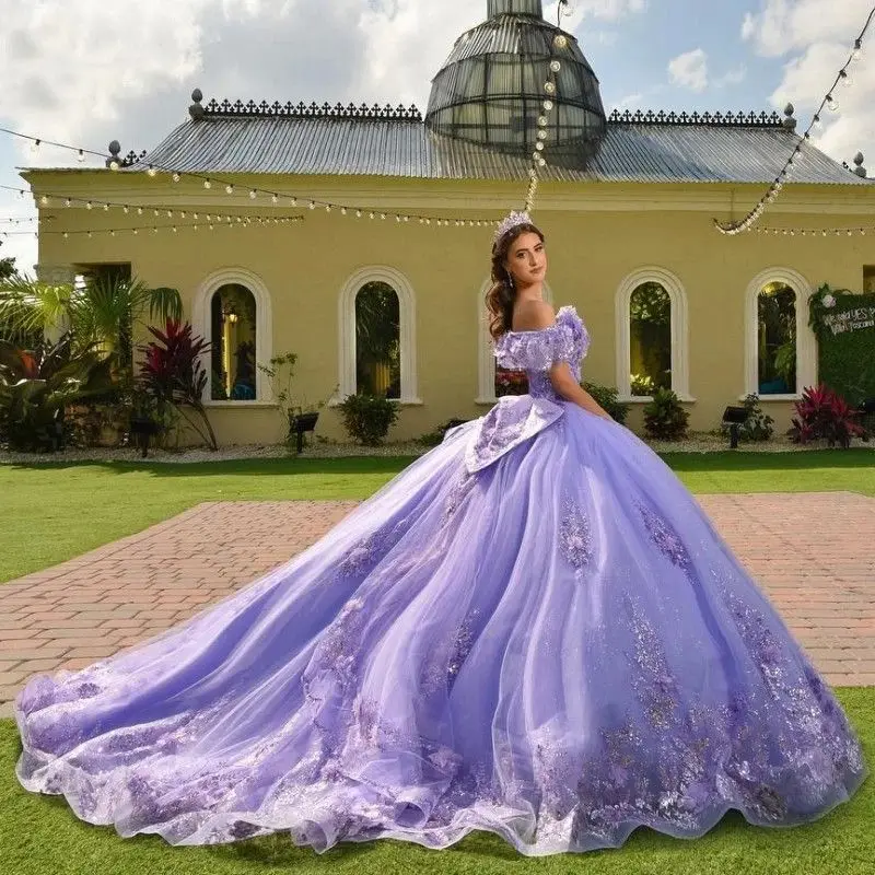 Lavender Lilac Quinceanera Dress With Bow Lace Applique Sequins Beading Mexican Sweet 16 Vestidos De XV 15 Anos