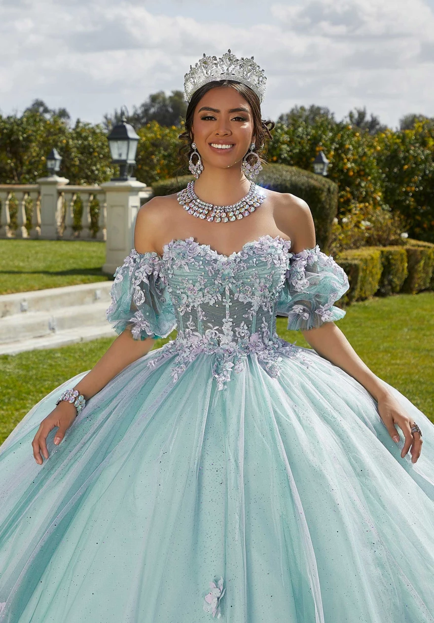 Mint Quinceanera Dress 2024 Ball Gown Flowers Puff Sleeve Corset Beading Appliques Princess Vestidos De 15 Años