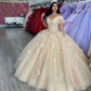 Champagne Golden Quinceanera Dress 2024 Sparkling Fabric V Neck Butterfly Long Ball Gown Prom Dress Sequin Tulle Party Gown