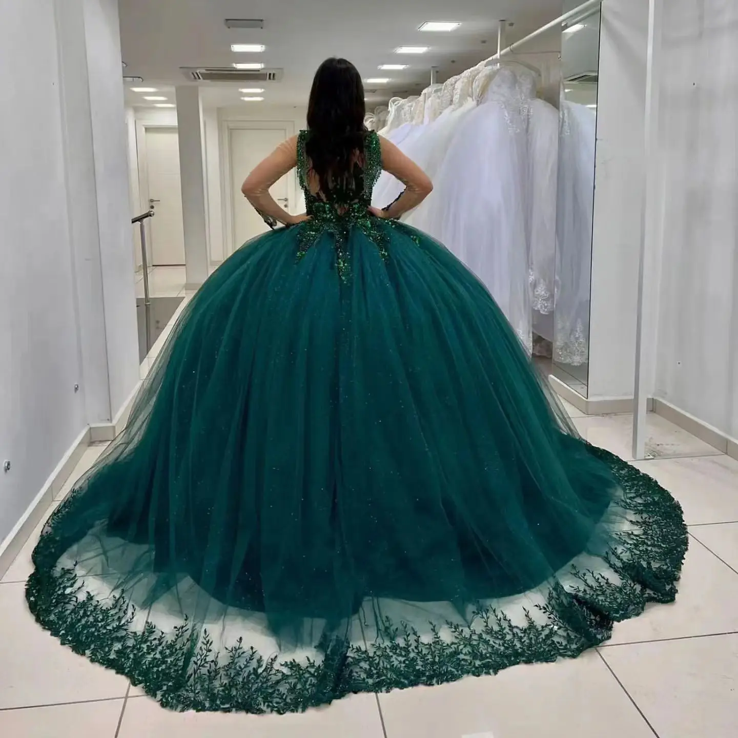 Emerald Green Quinceanera Dress For Girl Ball Gown Shiny Sequin Lace Appliques Party Dresses Vestidos De 15 Años