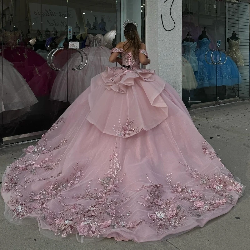 Sparkling Pink Sweetheart Quinceanera Dress 2024 Off the Shoulder Appliques Beads Party Sweet 16 Ball Gown Graduation Prom Gowns