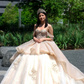 Sparkly Champagne Quinceanera Dress 2024 Ball Gown Spaghetti Appliques Beaded Mexican 16 Birthday Princess Gown