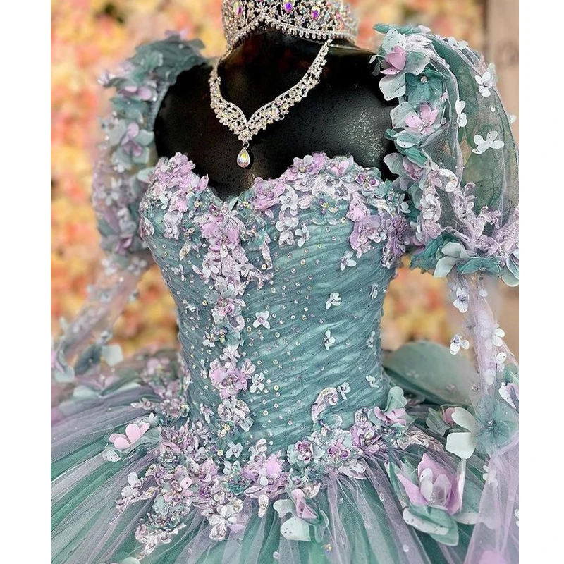 Mint Blue Quinceanera Dresses 2024 Half Sleeve Ball Gown Appliques Beading Sweet 16 15 Dress Vestidos De Fiesta