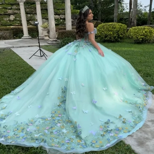 2024 Light Green Quinceanera Dress Ball Gown 3D Butterfly Applique Beading Tull Corset Sweet 16 Vestido De 15 Anos