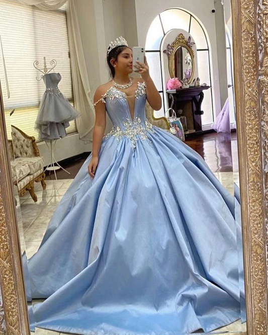 Light Blue Crystal Ball Gown Quinceanera Dresses Off The Shoulder Satin Formal Prom 15th Princesss Party Dress