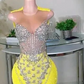 Sparkly Yellow Sequin Long Prom Dresses Black Girls 2024 Luxury Bead Diamond Mermaid Sheer Neck Formal Evening Party Gala Gowns