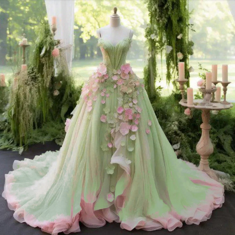 Fairy Green & Pink Evening Dress Sweetheart Layered Tulle Dress Bicolor Applique Floral Dresses Custom Made Dream Dress Pretty