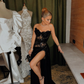 Sexy Shiny Black Split Sequined Long Evening Dresses See Thru Lace A-line Strapless Formal Party Fashion Evening Gowns Lace Up