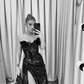 Sexy Shiny Black Split Sequined Long Evening Dresses See Thru Lace A-line Strapless Formal Party Fashion Evening Gowns Lace Up