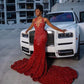 Red Halter Long Prom Dress For Black Girls Beaded Crystal Birthday Party Dresses Sequined Evening Gowns Mermaid Robe De Bal