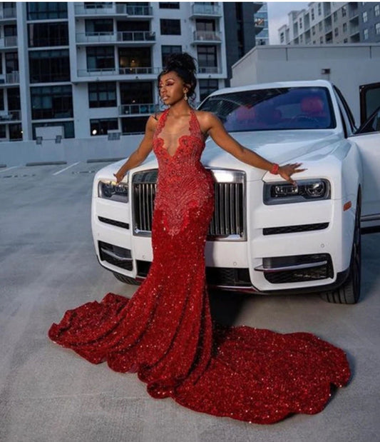 Red Halter Long Prom Dress For Black Girls Beaded Crystal Birthday Party Dresses Sequined Evening Gowns Mermaid Robe De Bal