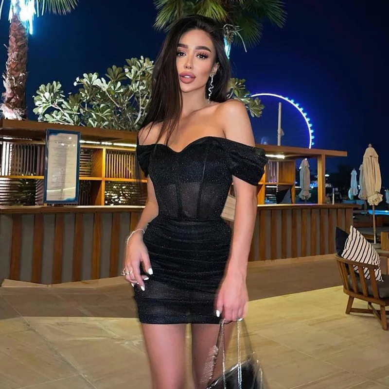 Off The Shoulder Glitter Corset Mini Dress Ruched Bodycon Mini Dress Sexy Party Elegant 2023 Fashion Y2K Women Clothing