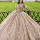 Champagne Detachable Sleeve Crystal Beading Ball Gown Quinceanera Dresses 3D Flowers Appliques Lace Corset Vestidos De 15 Años