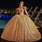 Gold Puffy Quinceanera Dresses Ball Gown Off The Shoulder Sequins Sparkle Pearls Mexican Sweet 16 Dresses 15 Anos