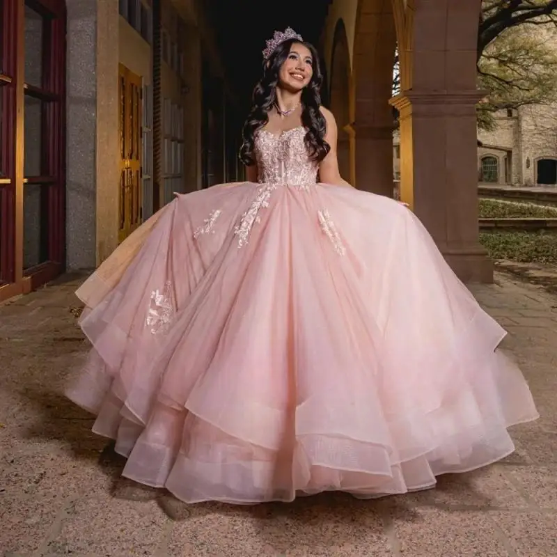 Pink Princess Quinceanera Dresses Off Shoulder Lace Appliques Tull Ball Gown Sweet 16 17 Birthday vestidos de 15 quinceañera