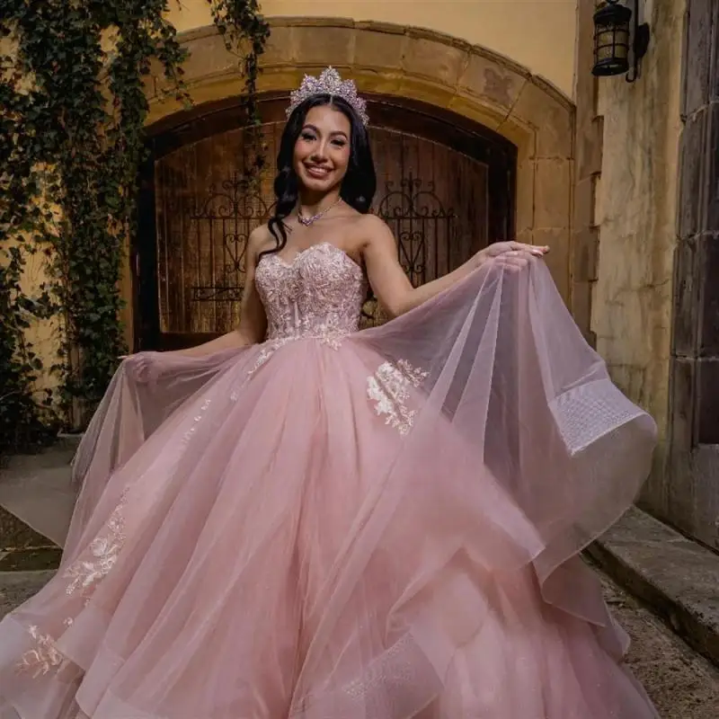 Pink Princess Quinceanera Dresses Off Shoulder Lace Appliques Tull Ball Gown Sweet 16 17 Birthday vestidos de 15 quinceañera