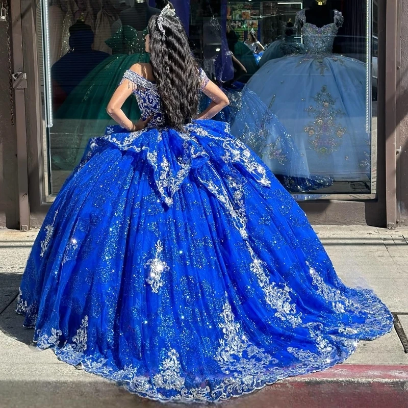 Blue Shiny Princess Quinceanera Dress Off Shoulder Lace Applique Beading Tull Corset Sweet 16 Vestidos De 15 Años