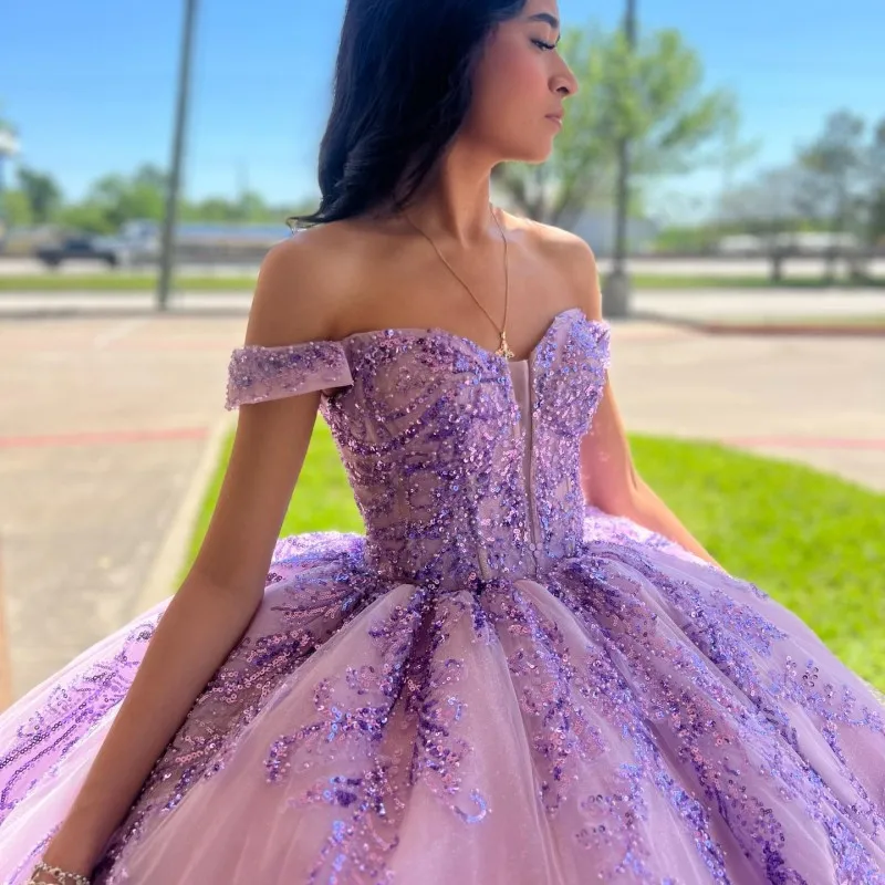 Lavender Shiny Quinceanera Dresses Ball Gown 2024 Sequins Off Shoulder Beaded Sweet 16 Dress Lace-up Vestidos De 15 Años