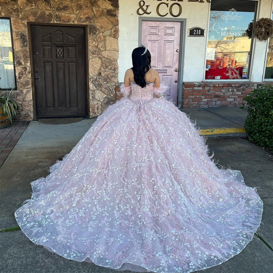 Sweetheart Pink Quinceanera Dresses Tulle Beading Feather Long Sleeve Party Dresses Appliques Lace Up Prom Gown