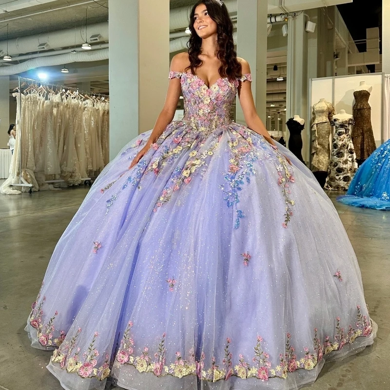 Lavender Shiny Quinceanera Dresses Ball Gown Off Shoulder Applique Flowers Puffy Sweet 16 Dress Celebrity Party Gowns Graduation