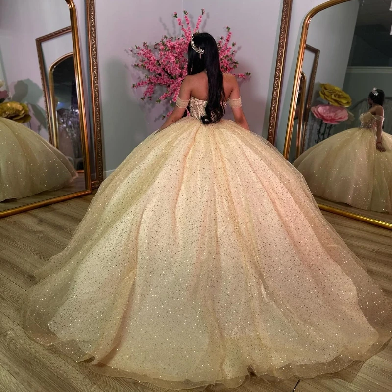 Champagne Shiny Quinceanera Dress Straps Off Shoulder Sweet 16 Years Gowns Birthday Party Princess Puffy Ball Gown Formal Vestid