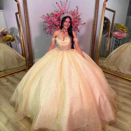 Champagne Shiny Quinceanera Dress Straps Off Shoulder Sweet 16 Years Gowns Birthday Party Princess Puffy Ball Gown Formal Vestid