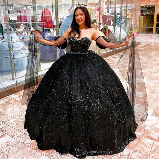 2024 Black Shiny Quinceanera Dresses Birthday Off Shoulder Formal Ball Gown Beading Crystal Sequined Party Dresses Vestido De 15