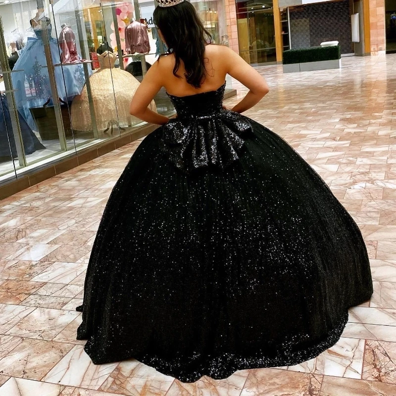 2024 Black Shiny Quinceanera Dresses Birthday Off Shoulder Formal Ball Gown Beading Crystal Sequined Party Dresses Vestido De 15