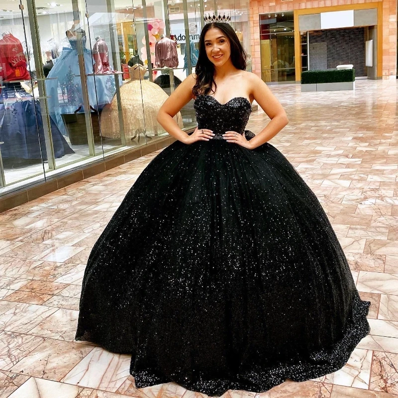 2024 Black Shiny Quinceanera Dresses Birthday Off Shoulder Formal Ball Gown Beading Crystal Sequined Party Dresses Vestido De 15