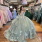 Green Shiny Spaghetti Strap Quinceanera Dress 2024 Appliques Sequined Lace Tull With Cape Vestido De 15 Quinceañeras