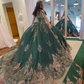 Emerald Green Quinceanera Dresses For 16 Girl V-Neck Off the Shoulder Gold Appliques Beads With Cape Princess Ball Gowns Birthda